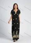 Wholesale Women's V Neck Batwing Sleeve Ruffle Hem Embroidered Maxi Kaftan - Liuhuamall