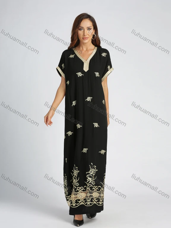 Wholesale Women's V Neck Batwing Sleeve Ruffle Hem Embroidered Maxi Kaftan