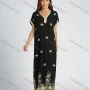 Wholesale Women's V Neck Batwing Sleeve Ruffle Hem Embroidered Maxi Kaftan preview