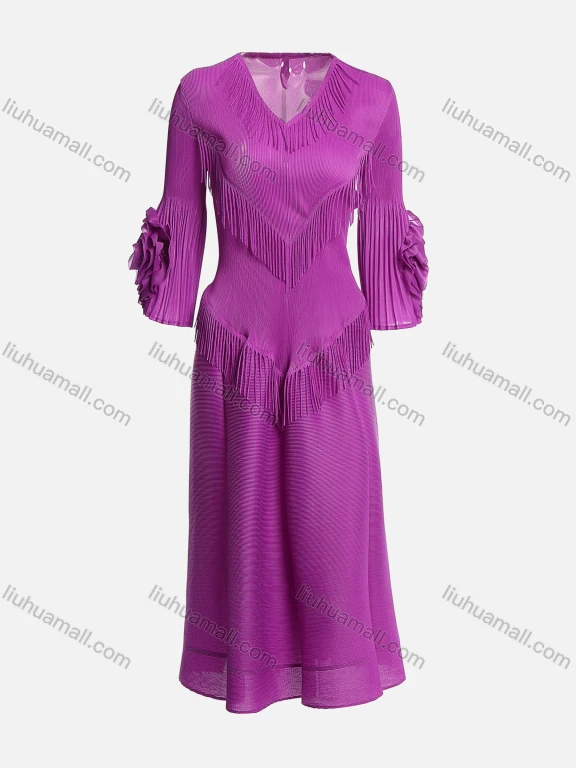 Wholesale Women's Elegant Plain Tassel Layered Pleated V Neck Long Sleeve Midi Dress