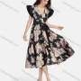 Wholesale Women's Casual Allover Print Elegant Wrap V Neck Butterfly Sleeve Ruffle Hem Midi Dress With Belt preview