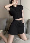 Wholesale Women's Casual Plain Short Sleeve Drawstring Hooded Tops & Drawstring Shorts 2 Piece Set - Liuhuamall