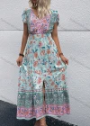 Wholesale Women's Casual Vintage Flroal Print V Neck Button Front Short Sleeve Shirred Split Hem Maxi Dress - Liuhuamall
