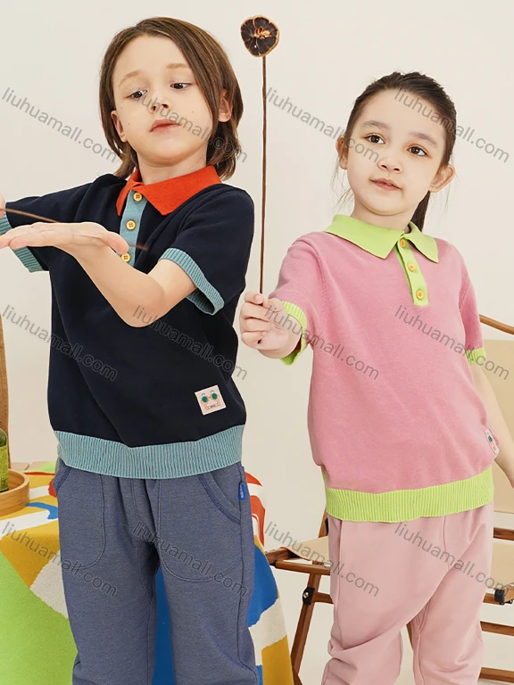 Wholesale Kids Cute Short Sleeve Colorblock Knit Polo Shirts MB22AMY619#