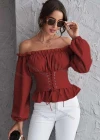 Wholesale Women's Fashion Ruffle Trim Off Shoulder Lace Up Long Sleeve Blouse - Liuhuamall