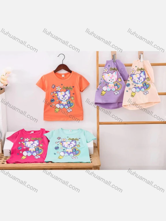 Wholesale Girl's Casual Cartoon Print Round Neck Short Sleeve Modal Cotton Tee