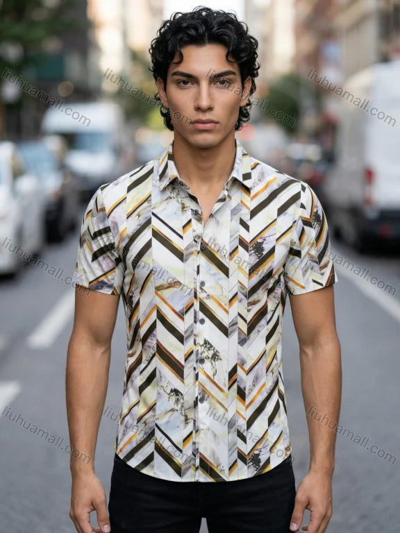 Wholesale In Stock Men's Slim Fit Short Sleeve Shirt | Geometric Chevron Stripe Abstract Print Casual Party Clubwear Fas