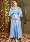 Wholesale Women's Elegant Muslim Islamic Button Decor Puff Sleeve Rhinestone Appliques Robe Dress BA3177# - Liuhuamall