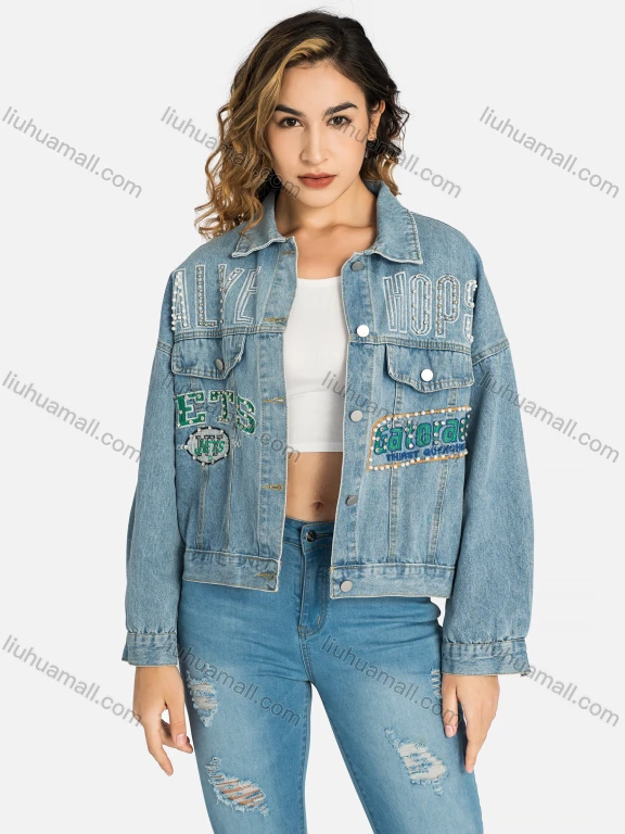 Wholesale Women's Fashion Letter Embroidery Button Down Rhinestone Pearl Decor Denim Jacket