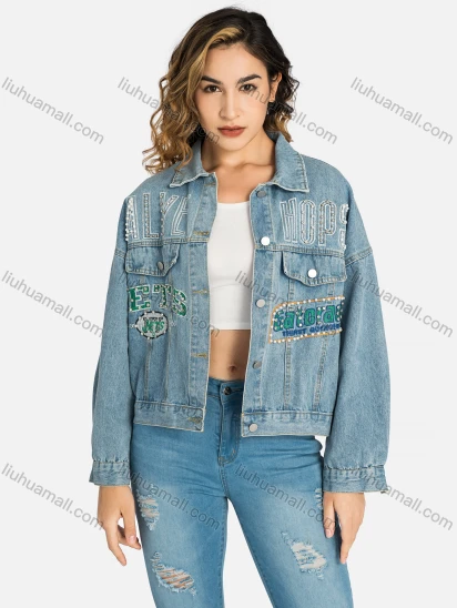 Wholesale Women's Fashion Letter Embroidery Button Down Rhinestone Pearl Decor Denim Jacket