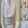 Wholesale Women's Elegant Satin V Neck Long Sleeve Pearl Button Lace Trim Plain Blouse preview