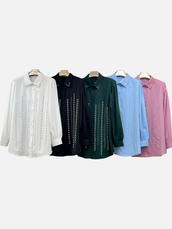 Women's Casual Long Sleeve Button Down Plain Collared Ruched Rhinestone Shirt, Clothing Wholesale Market -LIUHUA, Women