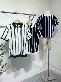 Wholesale Men's Casual Striped Contrast Quarter Zip Short Sleeve Henley Shirt E75035#, LIUHUA CLOTHING WHOLESALE