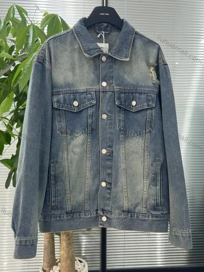 Wholesale Men's Casual Plain Button Down Ripped Flap Pockets Denim Jacket W004#
