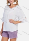 Wholesale Women's Boho Plain Ruffle Sleeve Lace Pearl Applique Cut Out Blouse - Liuhuamall