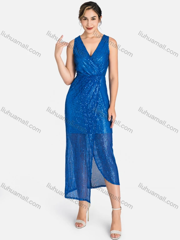 Wholesale Women's Elegant V Neck Sleeveless Sequins Wrap Cocktail Dress