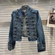 Wholesale Women's Streetwear Vintage Military Style Double Breasted Button Denim Jacket #21122 Dark Blue Clothing Wholesale Market Liuhua