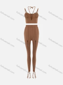 Wholesale Women's Sexy Halter Criss Cross Back Zipper Crop Cami Top & Lace Up Front Bodycon Pants 2 Piece Set LN2833#, LIUHUA CLOTHING WHOLESALE