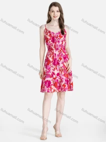 Wholesale Women's Casual V Neck Elastic Waist Lace Up Ruffle Hem Floral Print Cami Dress, LIUHUA CLOTHING WHOLESALE