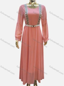 Wholesale Women's Casual Long Sleeve Embroidered Maxi Dress With Belt, LIUHUA CLOTHING WHOLESALE