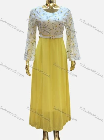 Wholesale Women's Casual Round Neck Bell Sleeve Floral Print Maxi Dress With Belt, LIUHUA CLOTHING WHOLESALE