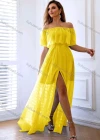 Wholesale Women's Plain Off Shoulder Split Ruffle Trim Floor Length Cocktail Dress - Liuhuamall