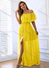 Wholesale Women's Plain Off Shoulder Split Ruffle Trim Floor Length Cocktail Dress - Liuhuamall
