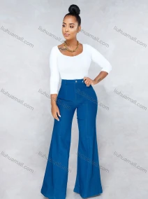 Wholesale Women's Casual Plain High Waist Flared Leg Jean, LIUHUA CLOTHING WHOLESALE