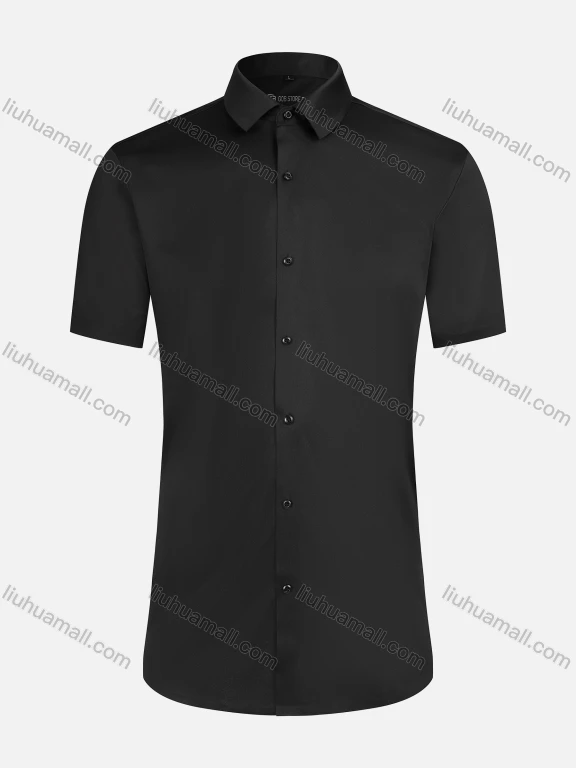 Wholesale Men's Business Collared Plain Button Down Short Sleeve Curved Hem Shirt 2#