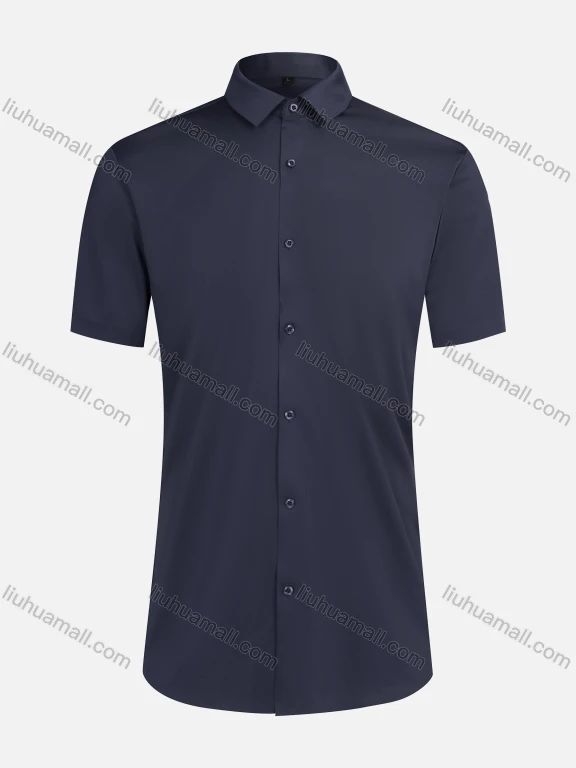 Wholesale Men's Business Collared Plain Button Down Short Sleeve Curved Hem Shirt 3#