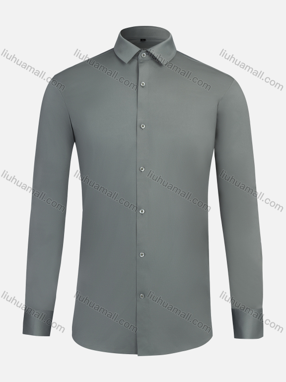 Wholesale Men's Formal Collared Plain Button Down Long Sleeve Curved Hem Shirt 4#