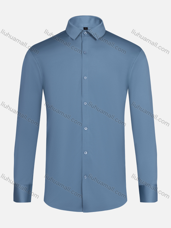 Wholesale Men's Formal Collared Plain Button Down Long Sleeve Curved Hem Shirt 5#