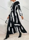 Wholesale Women's Fashion Ink Print Button Front Stand Collar Long Sleeve Ruffle Hem Maxi Shirt Dress - Liuhuamall