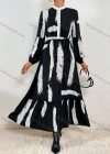 Wholesale Women's Fashion Ink Print Button Front Stand Collar Long Sleeve Ruffle Hem Maxi Shirt Dress - Liuhuamall