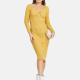 Women's Elegant Long Sleeve Scoop Neck Cross Ribbed Pencil Knit Knee Length Dress 2195# Yellow Clothing Wholesale Market -LIUHUA