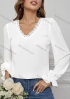 Wholesale Women's Casual Plain Lace Trim V Neck Long Sleeve Blouse - Liuhuamall