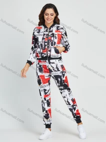 Wholesale Women's Allover Letter & Graffiti Print Zip Jacket 2 Piece Set, LIUHUA CLOTHING WHOLESALE