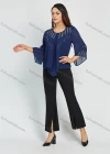 Wholesale Women's Elegant Plus Size Chiffon Round Neck 3/4 Sleeve Rhinestone Blouse With Slit Hem Flared Pant 2 Piece Set - Liuhuamall
