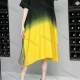 Wholesale Women's Casual Round Neck Short Sleeve Tie Dye Splicing Colorblock Midi Tee Dress Black & Yellow Clothing Wholesale Market Liuhua