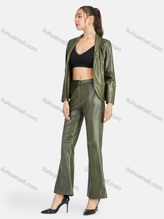 Wholesale Women's Casual Plain Patch Pockets Leather Jacket & Pant 2-Piece Set 9169-1#