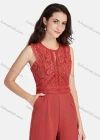 Wholesale Women's Elegant Plain Round Neck Guipure Lace Appliques Embroidery Wide Leg Jumpsuit - Liuhuamall