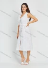 Wholesale Women' Casual Sleeveless V Neck Striped Print Button Decor Midi Dress - Liuhuamall
