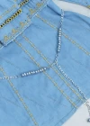 Wholesale Girl's Denim Round Neck Embroidery Bell Sleeves Mesh Floral Print Cutout Top With Belt - Liuhuamall