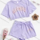 Wholesale Girls Casual Letter Crop Top & Elastic Waist Drawstring Hot Shorts Set Purple Clothing Wholesale Market Liuhua