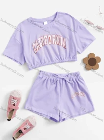 Wholesale Girls Casual Letter Crop Top & Elastic Waist Drawstring Hot Shorts Set, LIUHUA CLOTHING WHOLESALE