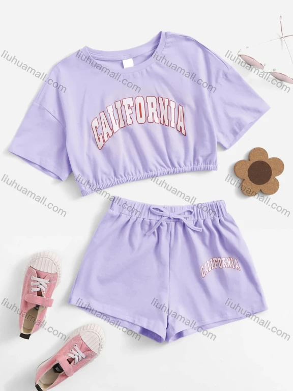 Wholesale Girls Casual Letter Crop Top & Elastic Waist Drawstring Hot Shorts Set