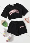 Wholesale Girls Casual Letter Crop Top & Elastic Waist Drawstring Hot Shorts Set - Liuhuamall
