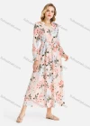 Wholesale Women's Casual Floral Print Long Sleeve Notched Neck Tie Front Midi Dress With Belt - Liuhuamall