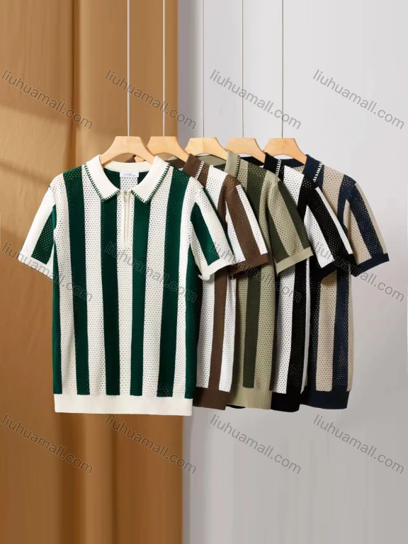 Wholesale Men's Casual Striped Colorblock Hollow Out Collared Quarter Zip Short Sleeve Henley Shirt E77051#