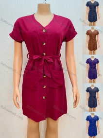 Wholesale Women's Casual V Neck Short Sleeve Plain Patch Pockets Short Dress, LIUHUA CLOTHING WHOLESALE